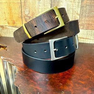 Hand crafted leather belts. 100% leather and USA made. Brass or chrome buckles.